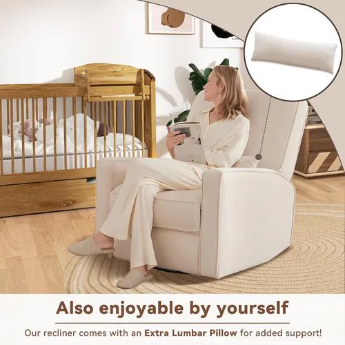 Miniatura 9 de Tbfit Silla reclinable giratoria de 360°, mecedora de guardería con soporte lumbar para dormitorio, cómodo sillón tapizado con almohadas y Beige