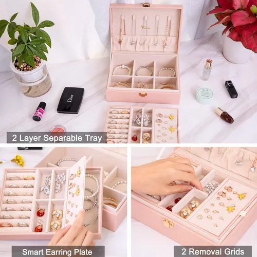 Miniatura 3 de Voova - Joyero organizador para mujeres y niñas, 2 capas de almacenamiento de joyas grandes para hombres, soporte para joyas de piel sintética
