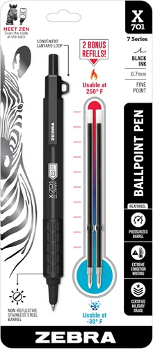Zebra Pen X-701 - Bolígrafo táctico con recargas, punta fina, 0.028 pulgadas, tinta negra, 1 bolígrafo y 2 recargas (29811)