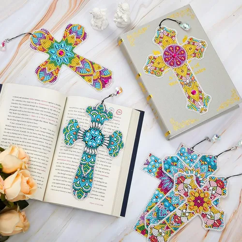Miniatura 2 de Ireer 6 marcapáginas de arte de diamantes 5D cruzados para adultos, kit de pintura de bricolaje, regalos de Navidad, cristianos religiosos, llavero