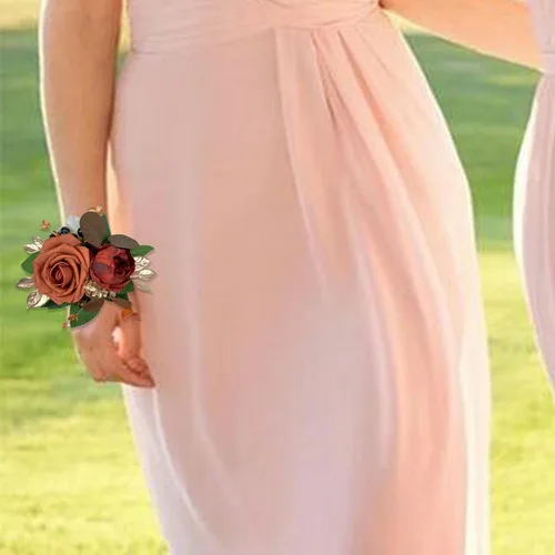 Miniatura 7 de CherishedMoments Juego de ramillete de peonía de rosa artificial hecho a mano y ramillete de muñeca de peonía de color naranja quemado para boda