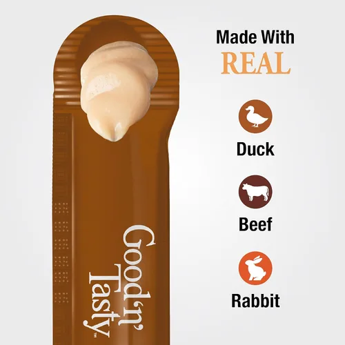 Miniatura 4 de Good 'n' Tasty Cucharas sabrosas con pato real, carne de res y conejo, tubo de 6 unidades, golosinas húmedas exprimibles de triple sabor para gatos