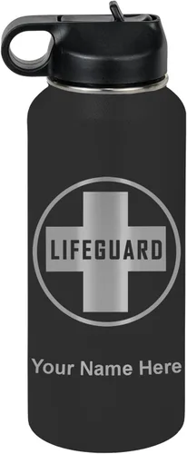 Miniatura 43 de LaserGram Botella de agua personalizada, salvavidas, acero inoxidable de doble pared aislada al vacío con popote superior, regalo grabado Negro