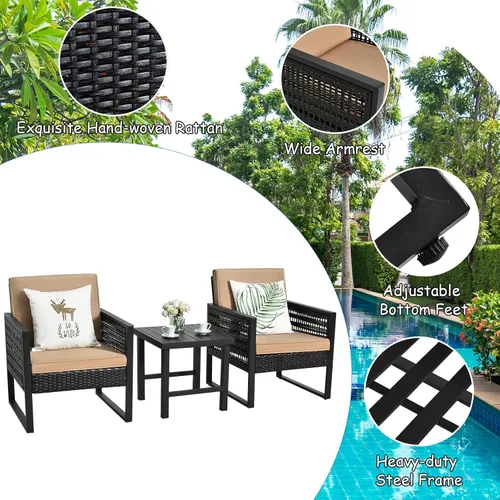 Miniatura 6 de Tangkula Juego de 3 piezas de mimbre para patio, sofá de ratán al aire libre, muebles de conversación con mesa de café, cojines de asiento y Mesa