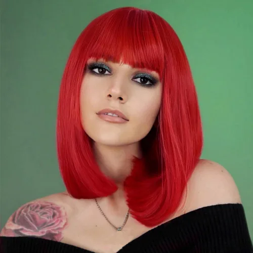 Miniatura 8 de Colorful Queen Pelucas rojas estilo Bob para mujer, peluca corta de 14 pulgadas con flequillo, peluca sintética recta Yaki, aspecto natural