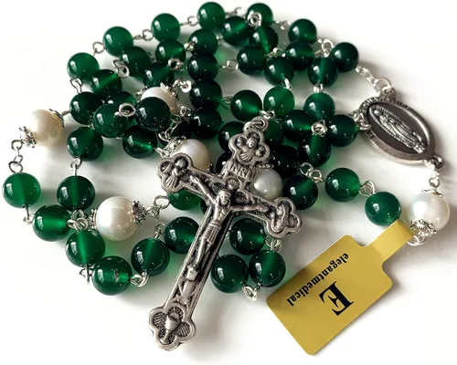Miniatura 8 de elegantmedical Cuentas de ágata verde hechas a mano y perla real católica guadalupe rosario collar cruz