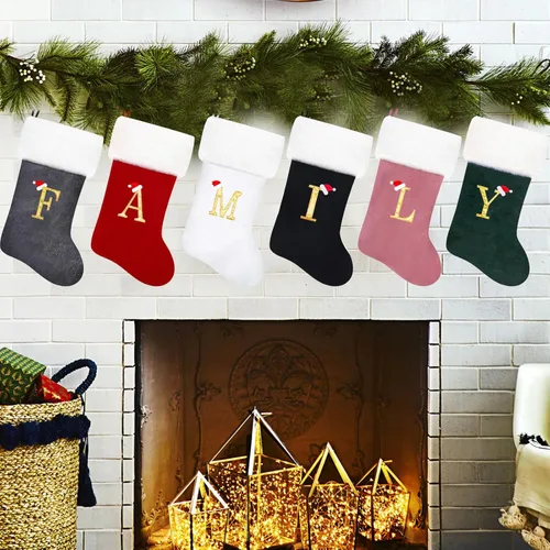 Miniatura 6 de Calcetines de Navidad bordados de 20 pulgadas con monograma, terciopelo negro con puño de felpa blanca supersuave, adornos clásicos para decoración