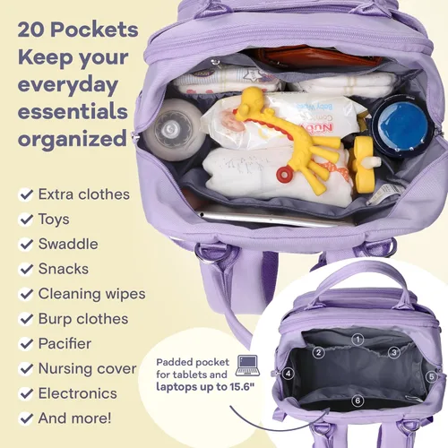 Miniatura 4 de RUVALINO Mochila para Pañales, Paquete de Viaje Multifunción Bolsas de Cambio para Maternidad y Bebé, Gran Capacidad, Impermeable, Morado Taro