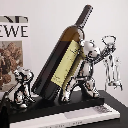 Linxia Estante de vino de mesa, soporte para botellas de vino de doble oso con sacacorchos, soporte de cerámica plateado independiente para botella