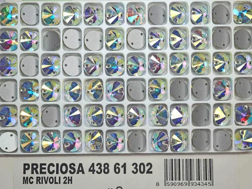 Miniatura 2 de Crystal AB, Preciosa Czech MC Rivoli - Piedras para coser, con 2 agujeros, estilo #438-61-302, plateado laminado, tamaño 0.394 in, 24 piezas