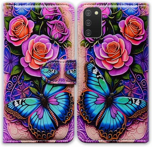 Bcov Funda para Galaxy A03S, diseño de mariposas azules, flores, rosa, de cuero, con tapa para teléfono, con ranura para tarjetas, soporte para