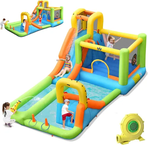 HONEY JOY Tobogán acuático inflable, casa de rebote de agua gigante 8 en 1 y parque acuático con toboganes, escalada, piscina de chapoteo, toboganes