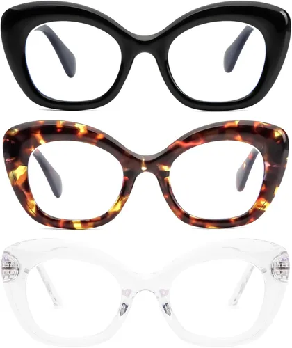 Miniatura 8 de REAVEE Paquete de 3 lentes de lectura de ojo de gato de gran tamaño para mujeres y hombres, marco grueso, bloqueo de luz azul, lentes elegantes