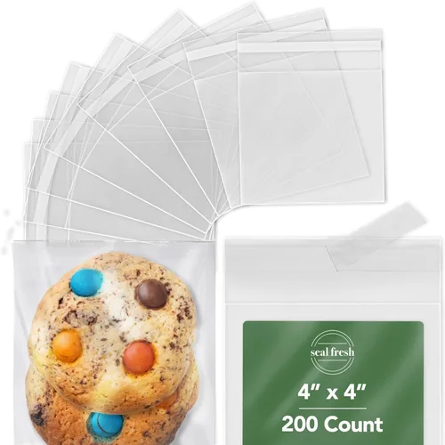 Seal Fresh Bolsas de celofán de 4 x 4 pulgadas, paquete de 200 — Bolsas transparentes autosellantes resellables para galletas, dulces, pasteles,