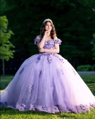 Miniatura 5 de XYAYE Vestido de quinceañera con cuentas de encaje con hombros descubiertos para mujer, vestido de fiesta con flores 3D hinchadas, dulces 15 16
