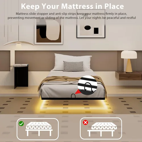 Miniatura 8 de Base de cama flotante tamaño individual, marco de cama individual con luces LED inteligentes, cama de plataforma de metal moderna y resistente
