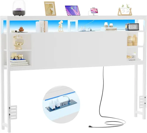 Miniatura 11 de Unikito Cabecera individual con almacenamiento, cabeceros con toma de corriente y luces LED inteligentes, cabecera resistente para cama