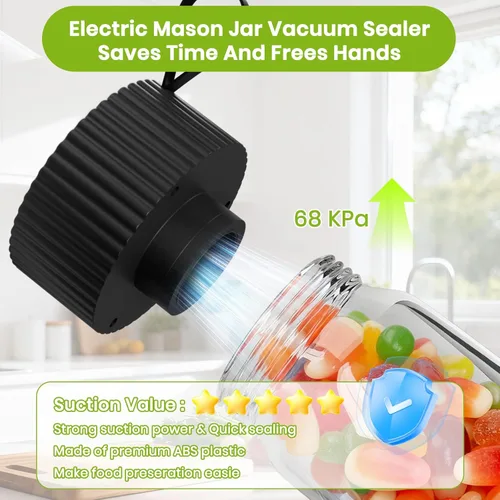 Miniatura 5 de Kit de sellado al vacío eléctrico de tarros Mason de un solo toque, para tarros Mason de boca ancha y regular, sellador al vacío portátil para Negro