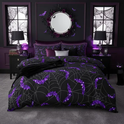 Miniatura 16 de Lindo juego de funda de edredón de fantasma, tamaño individual para niños y niñas, juego de ropa de cama de calabaza y calavera de azúcar, funda