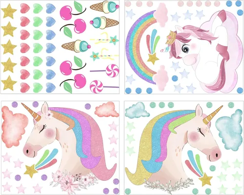 Miniatura 4 de Adhesivos de unicornio que brillan en la oscuridad, calcomanías de puntos y estrellas removibles para techo, adhesivo de arcoíris luminoso para Arco