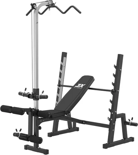 JX FITNESS Banco de pesas olímpico con sistema de polea desplegable LAT y almohadilla de rizo de predicador, prensa de banco de entrenamiento