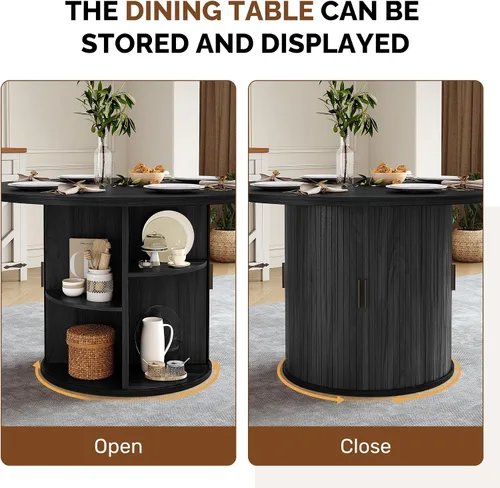 Miniatura 2 de Miereirl Juego de mesa y sillas de comedor moderno redondo, con una mesa de comedor de madera equipada con compartimentos de almacenamiento