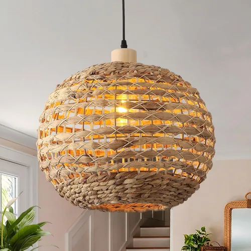 Miniatura 8 de Luces colgantes bohemias para isla de cocina, 11.8 pulgadas, luminaria de ratán bohemio tejida a mano, iluminación de tejido de hierba marina Tejido