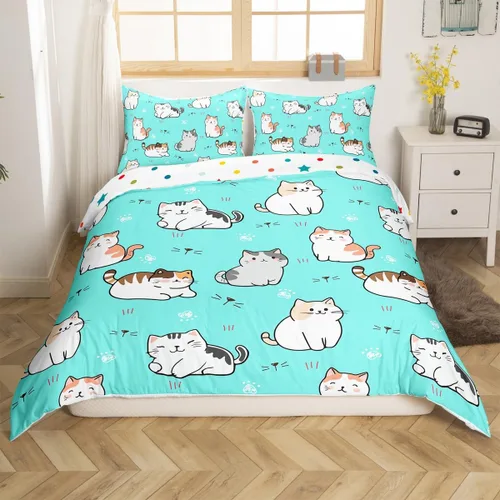 Miniatura 27 de Erosebridal Juego de funda de edredón con diseño de gato y fresa, tamaño individual, diseño de caricaturas, arcoíris, con temática de animales