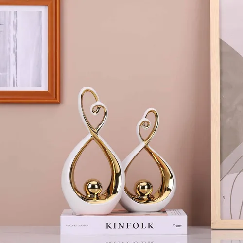 Miniatura 6 de DOVDOV Arte moderno para decoración del hogar, juego de 2 piezas de escultura abstracta de cerámica, decoración de habitación blanca y dorada