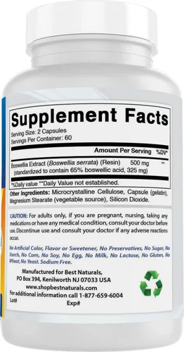 Miniatura 6 de Best Naturals Boswellia Serrata Joint Health 250 mg 120 cápsulas – estandarizado al 65% de ácido boswélico (120 unidades (paquete de 1))