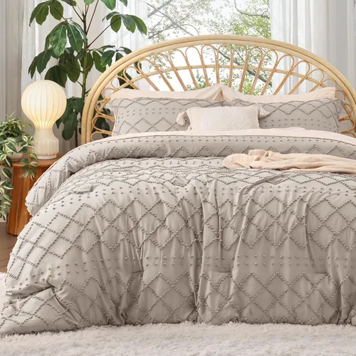 Miniatura 13 de Bedsure Juego de Edredón Tamaño Twin – Edredón beige, ropa de cama Boho con mechones estilo shabby chic para niños, juego de ropa de cama vintage