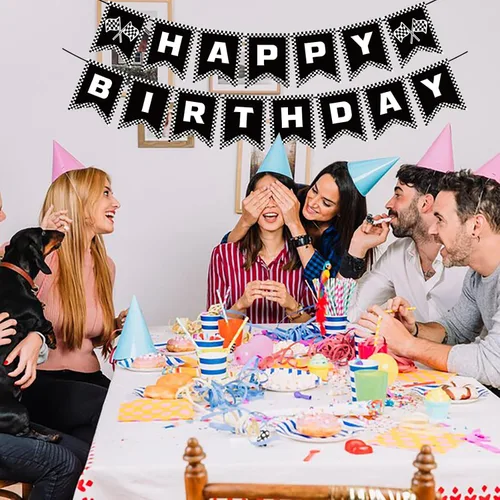 Miniatura 4 de Cartel de cumpleaños de coche de carreras, pancarta de feliz cumpleaños a cuadros, decoraciones de fiesta de autos de carreras, fiesta temática