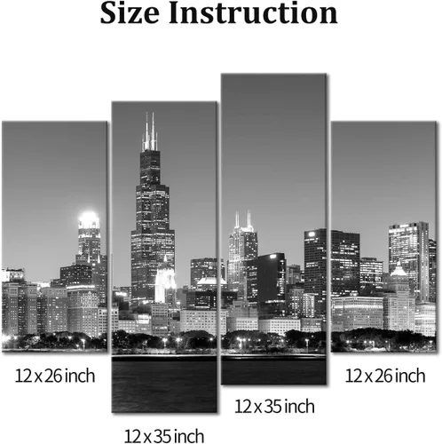Miniatura 7 de 4 unidades de pintura de tela moderna arte de pared la imagen para la decoración del hogar, vista panorámica del horizonte de Chicago de noche
