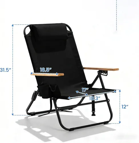 Miniatura 3 de Silla de playa tipo mochila para adultos, silla de camping plegable portátil con 5 posiciones reclinable, reposacabezas, portavasos y bolsa