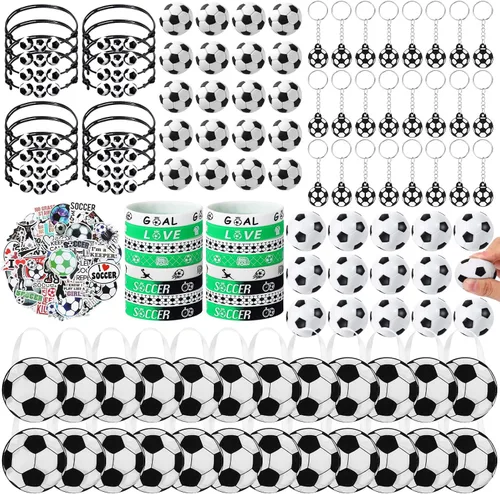 Aoriher Juego de 194 piezas de recuerdos de fiesta de fútbol – Pulseras de silicona, mini pelotas hinchables de fútbol, llaveros de juguete, bolsas