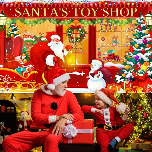 Miniatura 7 de Avezano Telón de fondo de Navidad, pancarta roja de la tienda de juguetes de Santa para fotografía, fondo de tienda de Navidad, decoración