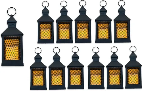 Juego de 12 faroles de granja de 10 pulgadas decorativas negras con vela LED sin llama, temporizador de 5 horas, resistente a la intemperie, luces