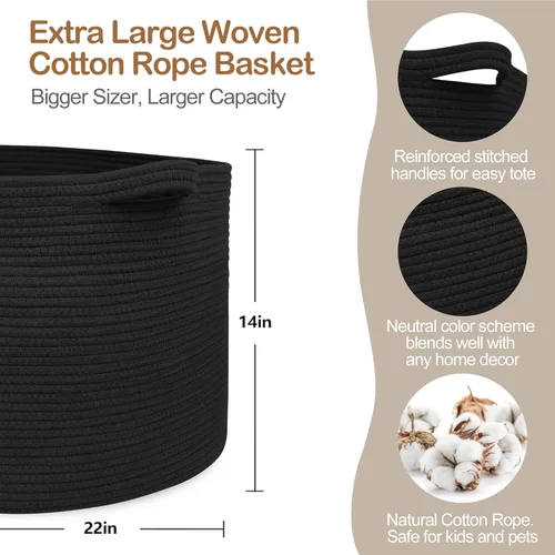 Miniatura 2 de MEGASKET Cesta grande de manta negra, 22 x 22 x 14 pulgadas, contenedor de cuerda tejida para almacenamiento, caja de almacenamiento de juguetes