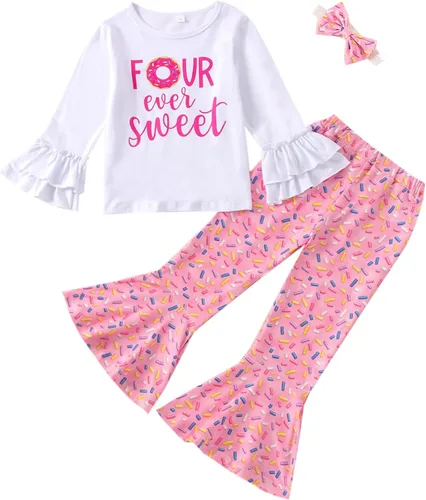 Miniatura 9 de Conjunto de ropa de cumpleaños para bebé niña pequeña, camiseta de manga larga, pantalones de campana, diadema