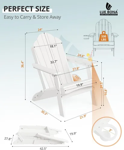 Miniatura 2 de LUE BONA Silla Adirondack plegable, juego de 2, portavasos, grano de madera, hoguera, patio, piscina, color blanco All-weather Use, Woodgrain