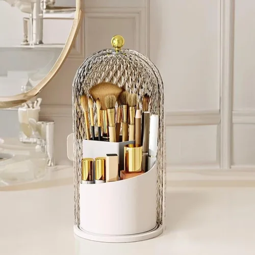 Organizador de brochas de maquillaje con tapa giratoria de 360° a prueba de polvo, organizador de brochas de maquillaje para tocador, escritorio,
