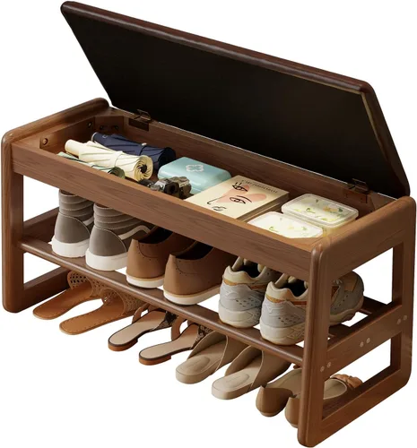 Miniatura 19 de AQIMUELE Banco pequeño para zapatos, banco de zapatos de 2 niveles con almacenamiento con tapa abatible, zapatero de madera para entrada, pasillo
