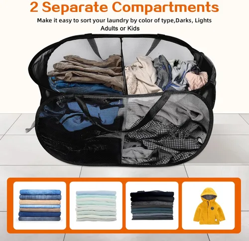 Miniatura 3 de Cestas de lavandería plegables, cesto de lavandería de malla plegable, cesta de lavandería emergente duradera, 2 cestos para ropa con compartimentos