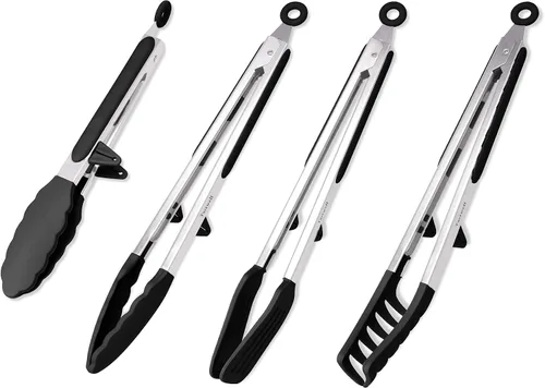 Miniatura 8 de Juego de pinzas de cocina de acero inoxidable 4 en 1 para cocinar con puntas de silicona, tostadora de bistec, pizza, pasta, espagueti, fideos, Negro