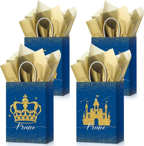 Nezyo 16 bolsas de recuerdo de fiesta de princesa príncipe con asas y papel de seda, bolsas de regalo para cumpleaños, baby shower, regalos de
