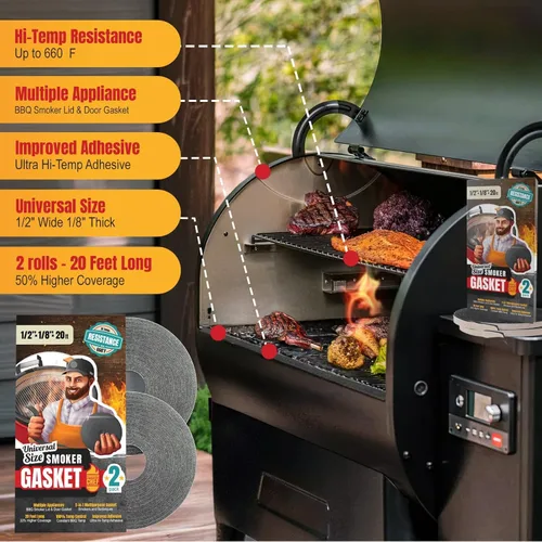 Miniatura 3 de Sello de junta para ahumador XXL de 20 pies, color gris, junta de parrilla de alta temperatura de 1/2 x 1/8 pulgadas, paquete de 2 sellos