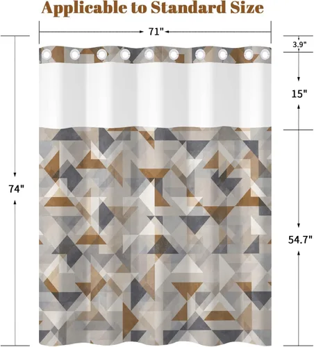 Miniatura 2 de No Hook Geometric Shower Curtain with Snap in Liner - 71″W x 74″L Waterproof Fabric with Mesh Top Window, Modern Abstract Triangle Design Bath