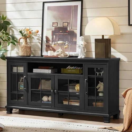 Miniatura 8 de SAVOR LIFE - Aparador grande negro con gabinete de buffet y almacenamiento, credenza vintage de casa de campo de 60" de ancho con puertas de vidrio