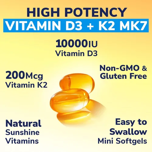 Miniatura 4 de Vitalibre Suplemento de vitamina D3 K2, 10000 UI D3 / 200 mcg K2 MK7, absorción de calcio, hueso, corazón, apoyo inmunológico y estado de ánimo