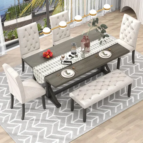 Miniatura 9 de Merax Juego de 6 piezas de comedor de 60 pulgadas para el hogar, cocina, comedor, juego de mesa rectangular con 4 sillas tapizadas y un banco, juego